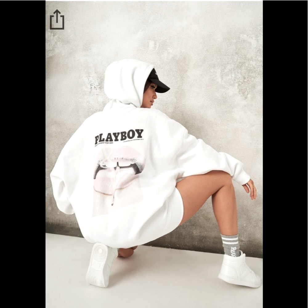 PLAYBOY Magazine Print Oversized Kangaroo pocket Hoodie Sweatshirt Dress